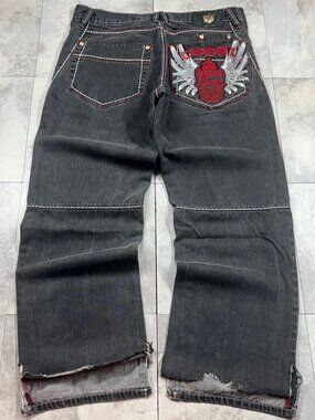 Coogi Baggy Jeans Men's 34x34 Black Wing Crest Embroidered Y2K